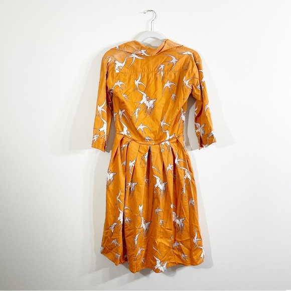 Samantha Sung Audrey Orange Bird Print Midi Pleated Dress 3/4 Sleeves Size 2 - Picture 2 of 5